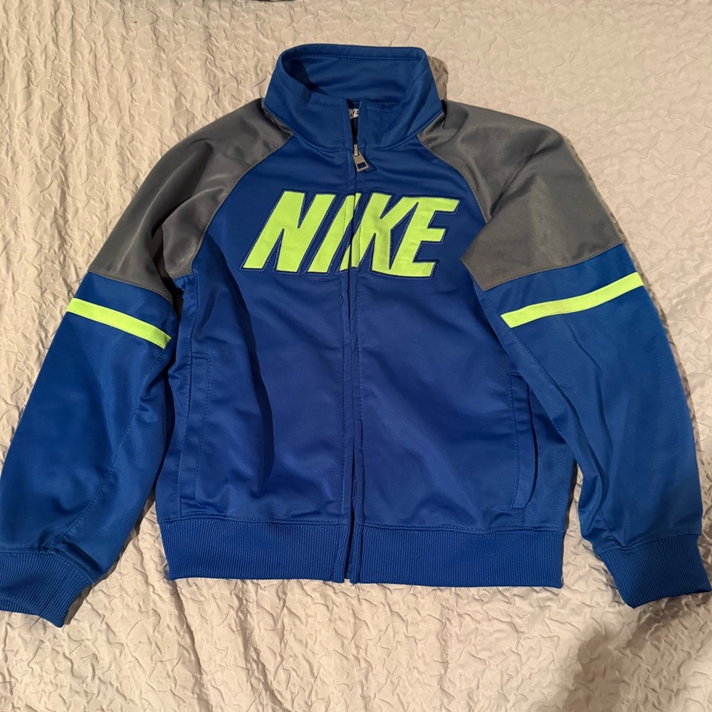 Kids Nike Blue and Gray Track Jacket with Neon Highlights